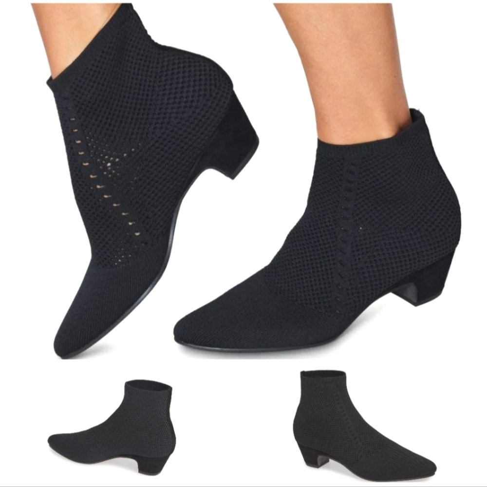 New Eileen Fisher Purl Black Stretch Knit Booties Block Heel Almond Point Toe